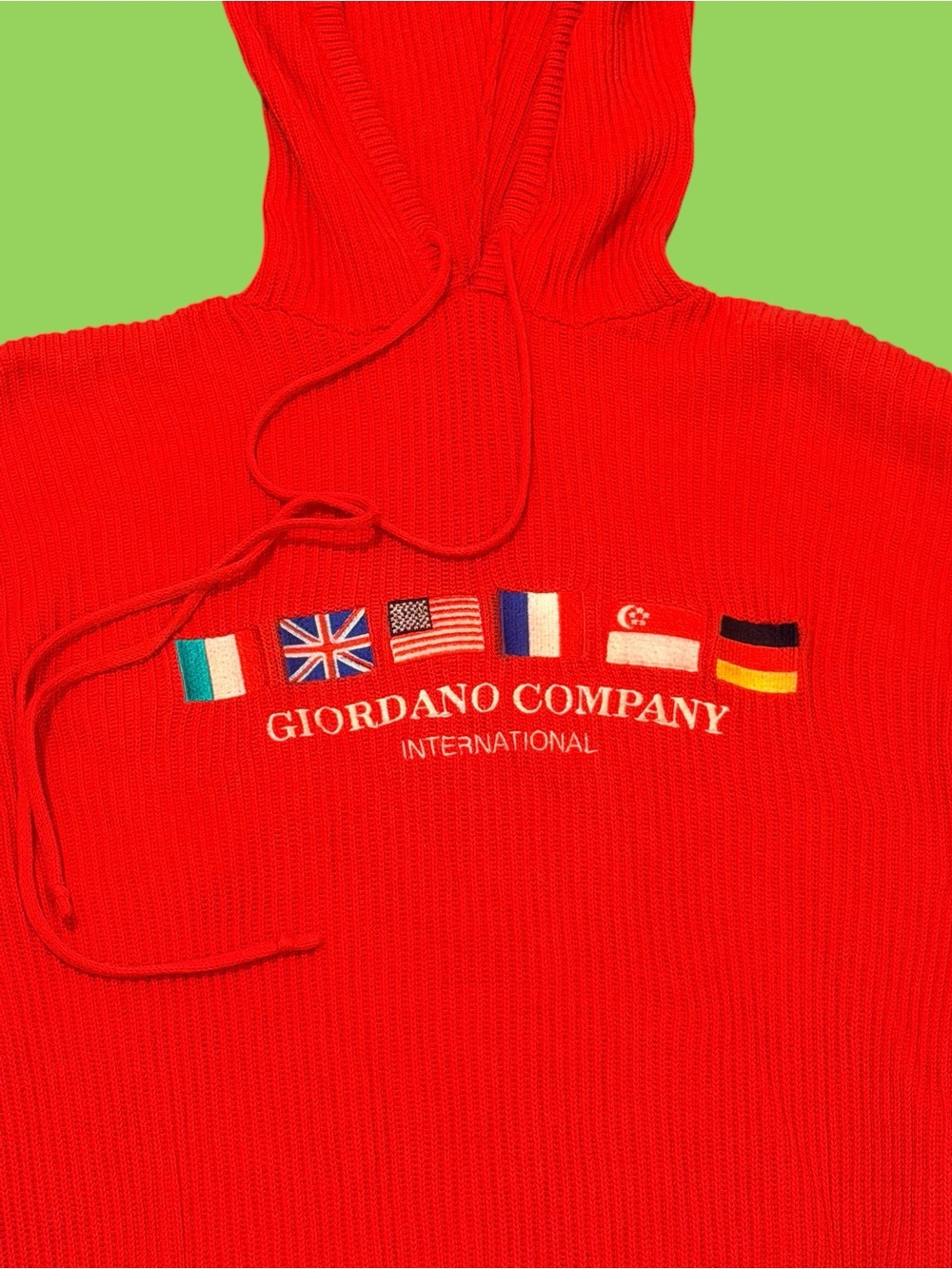 Vintage 90s Giordano Knit Sweater Red Hooded Retro Flags Large